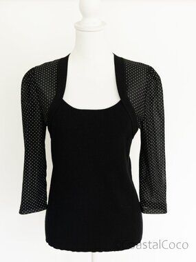 Once 1 Again Vintage Top L Knit Polka Dot Semi Sheer Sleeve & Back Office Preppy